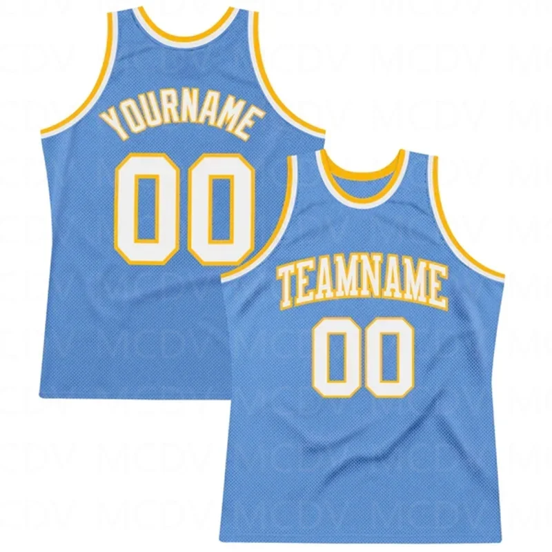 Custom Light Blue White-Gold Authentic Throwback Basketball 3D Print Team Name Number Vest Game Practice Clothes Adult/Youth