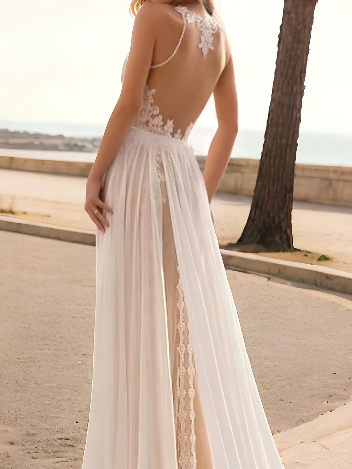 Elegant Sexy A-Line Beach Wedding Dress Sleeveless Chiffon Lace Jewel Neck Court Train Modern Bridal Gown 2025 Free Customized