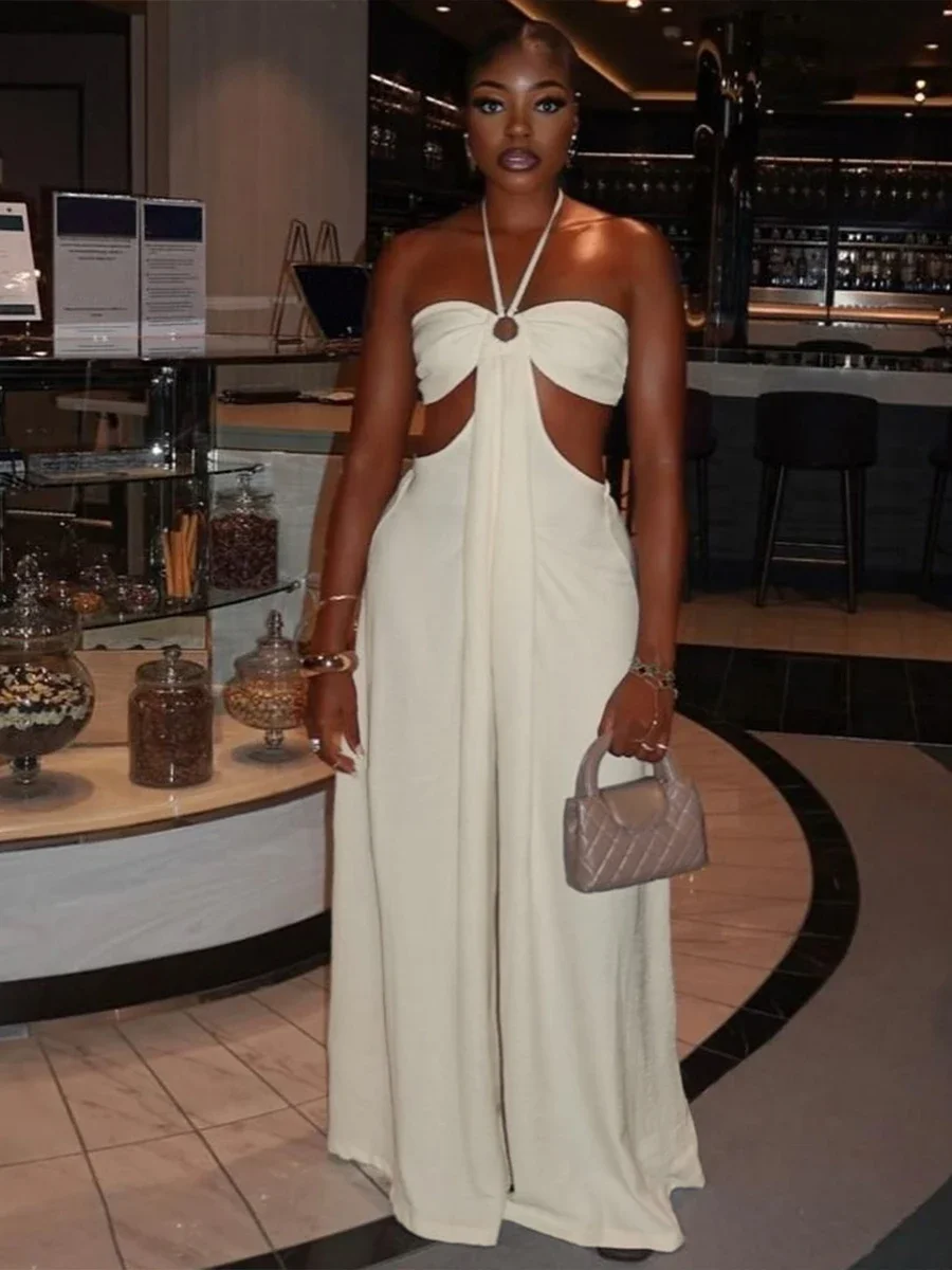 Ruched Elegant Baggy Jumpsuits Woman Lace-Up Halter Off Shoulder Backless Girls Hollow Prom Party Sexy Style Overalls