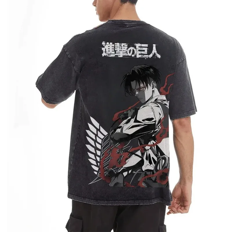激安セール！進撃の巨人グッズ-グラフィックプリントtシャツ-メンズ-レディース-レトロウォッシュ加工コットン-原宿系-オーバーサイズ-夏新作トップス