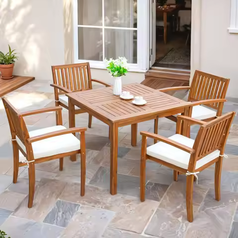 5 Piece Outdoor Dining Set Acacia Wood Patio Table and Chairs with Soft Cushions Patio Furniture for Deck, Backyard, Garden
