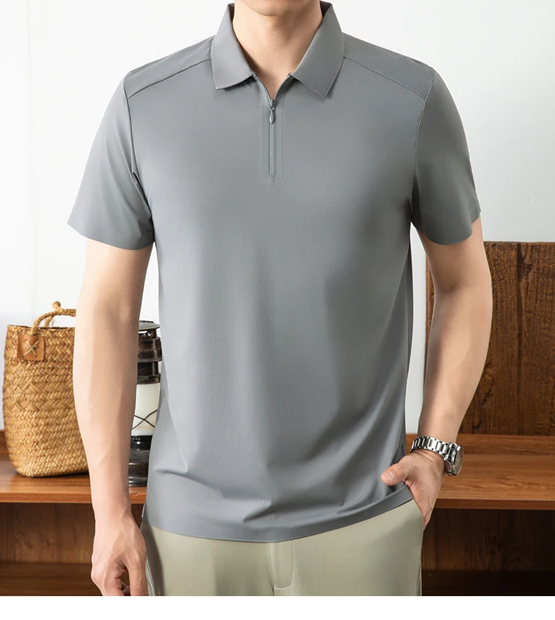 Luxuriöses Herren-Poloshirt mit halbem Reißverschluss kurzärmelig einfarbig hochwertige Eisseide atmungsaktiv Sommer neu lässig modisch T-Shirt – Detail 10