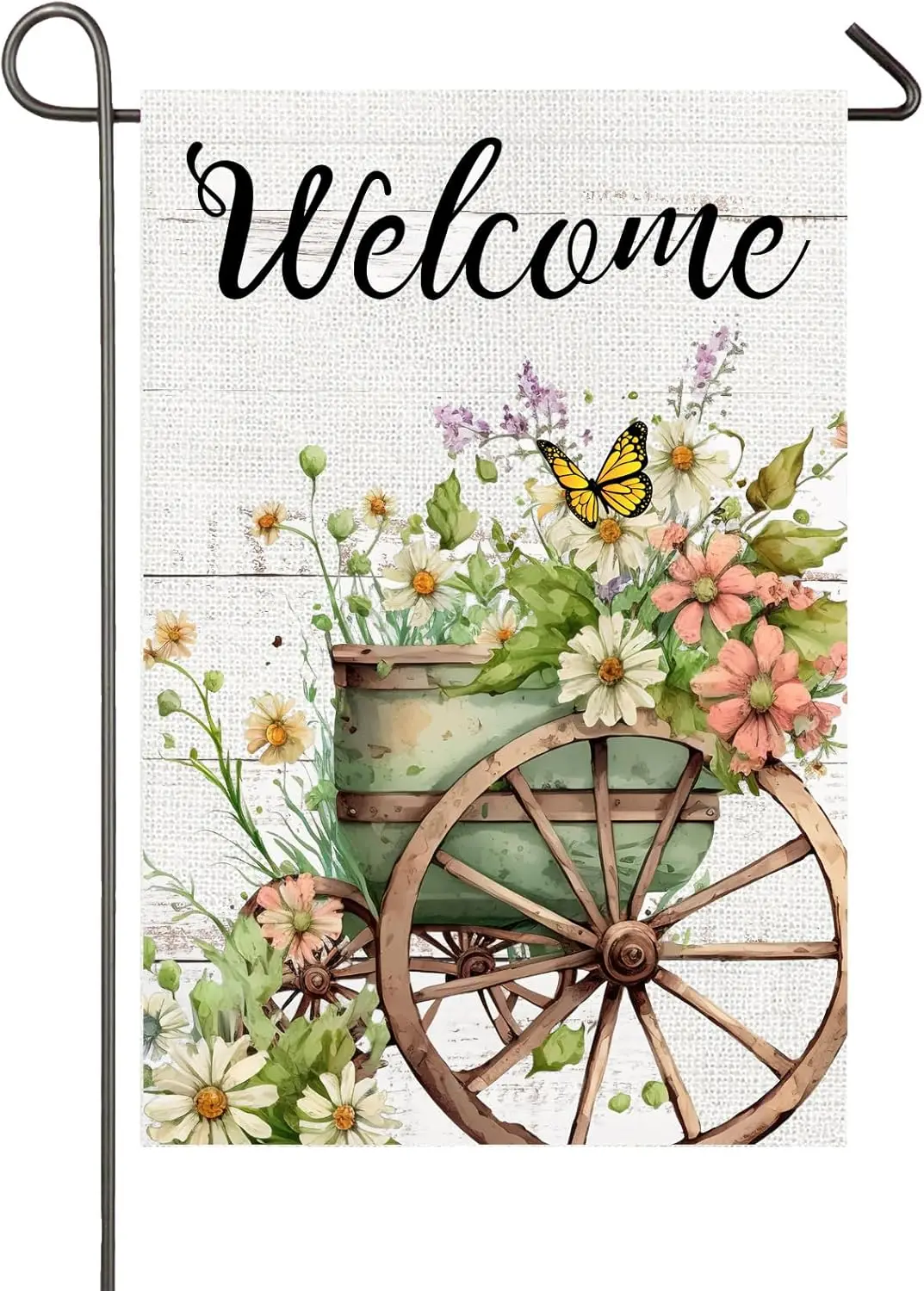 Spring Floral Garden Flag 12x18 Inch Double Sided Wagon Wheel and Flowers Welcome Burlap Yard Flag for Outside Farmhouse Front P