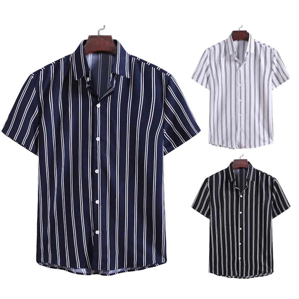 

Men's Summer Fashion Striped Printed Short-Sleeved Shirt Comfortable Social dress shirt Beachwear Vintage Cardigan Blouses