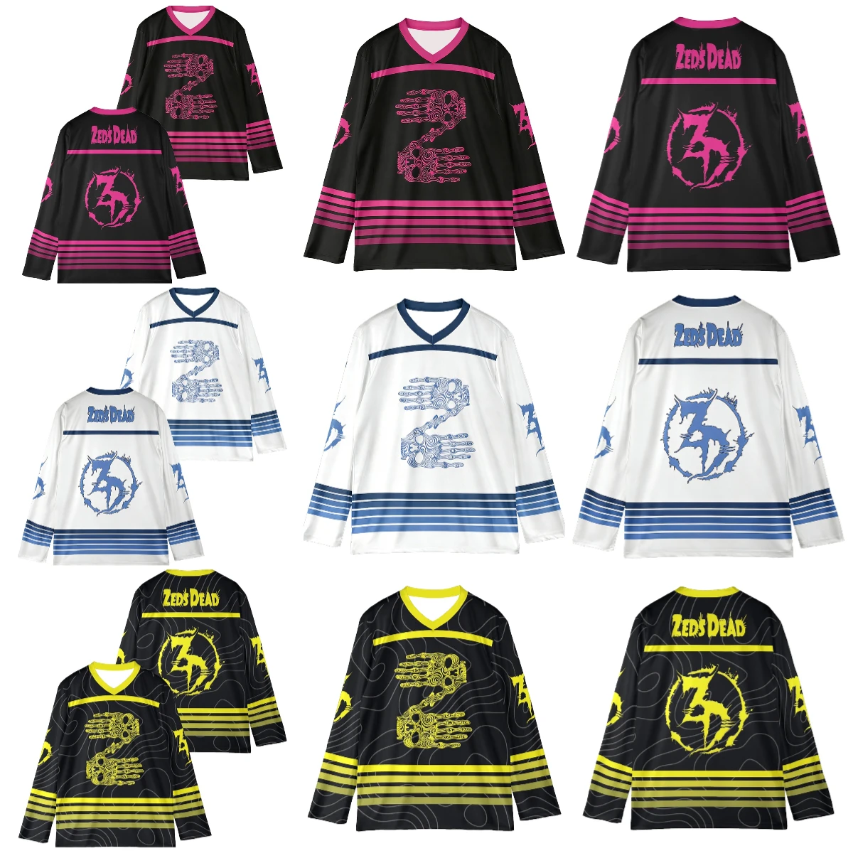 

Zeds Dead Skeleton Hands Hockey Jersey 2026 EDM Festival V-Neck Long Sleeve Loose Top Shirts Women Men Athletic T-shirt