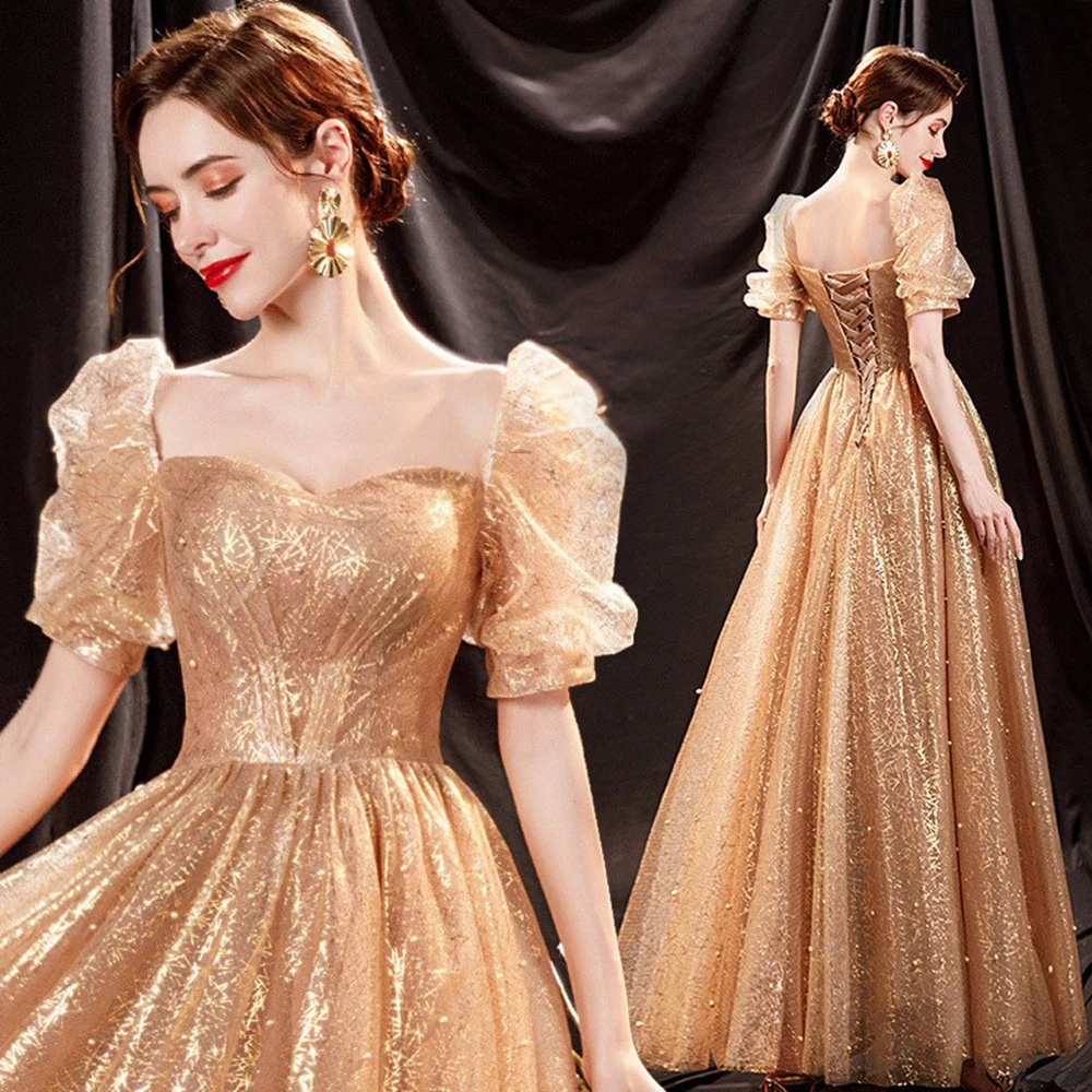 Light Luxury Golden Evening Dress For Women Elegant Shinning Square Collar Host Vestido Puff A-Line Stage Performance Gown