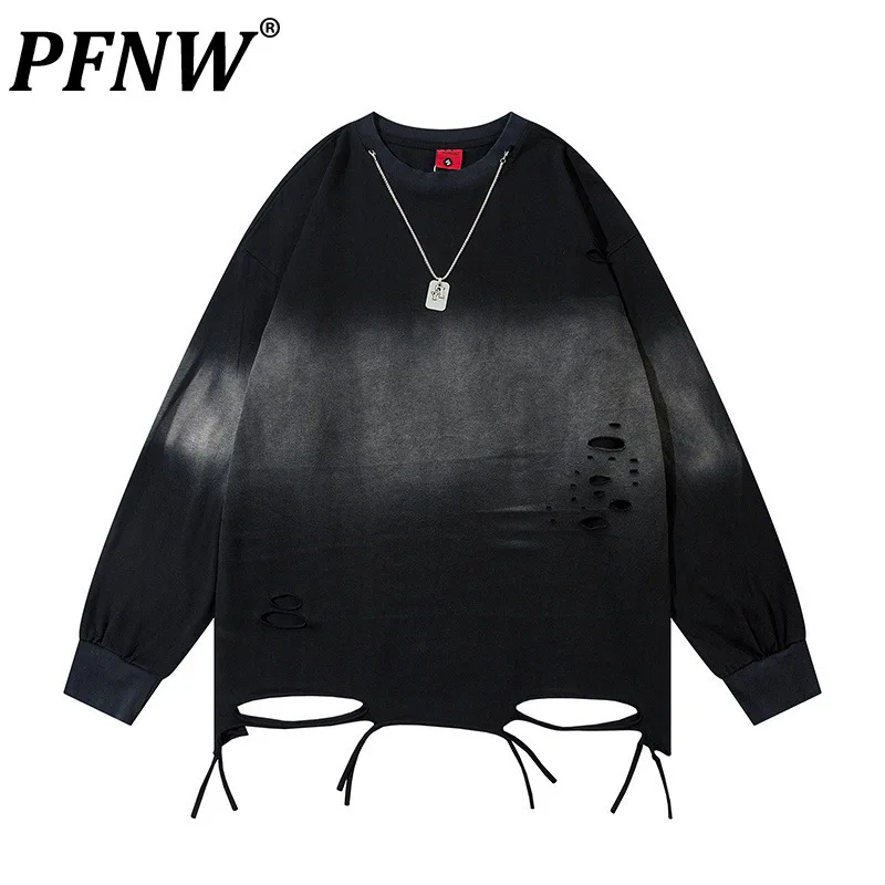 PFNW High Street Gradient Washed Hem Cut Top Men's 2025 New Burst Loose  Black Long Sleeve T-Shirt Spring Tide Pullovers 28W5782