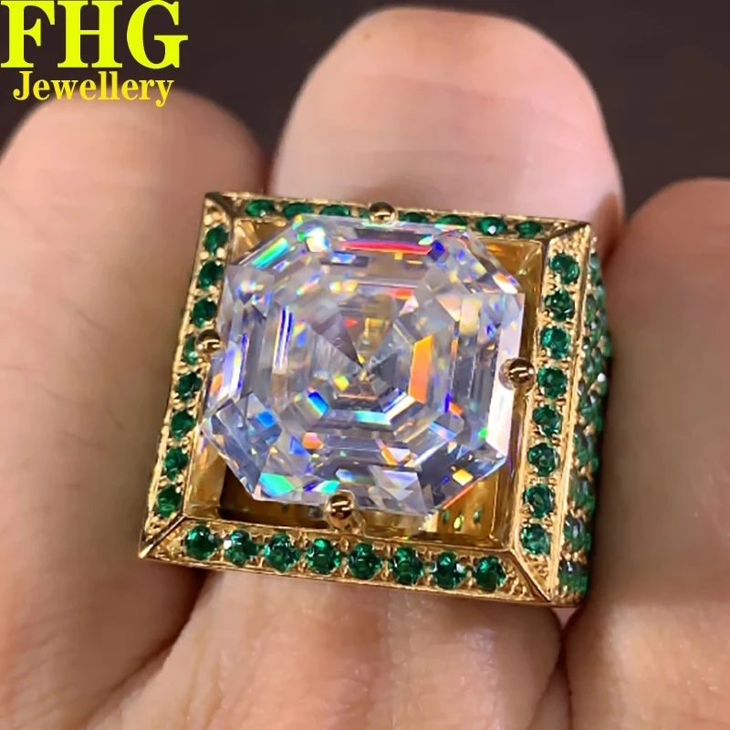 

Solid 9K Au375 Yellow Gold Man Ring 5Carat Moissanite Diamonds and Lab Emerald Wedding Party Engagement Anniversary Ring