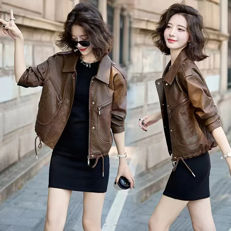 2025 High-grade PU Leather Female Jacket Short Faux Leather Women Coat Locomotive Leather Ladies Outwear