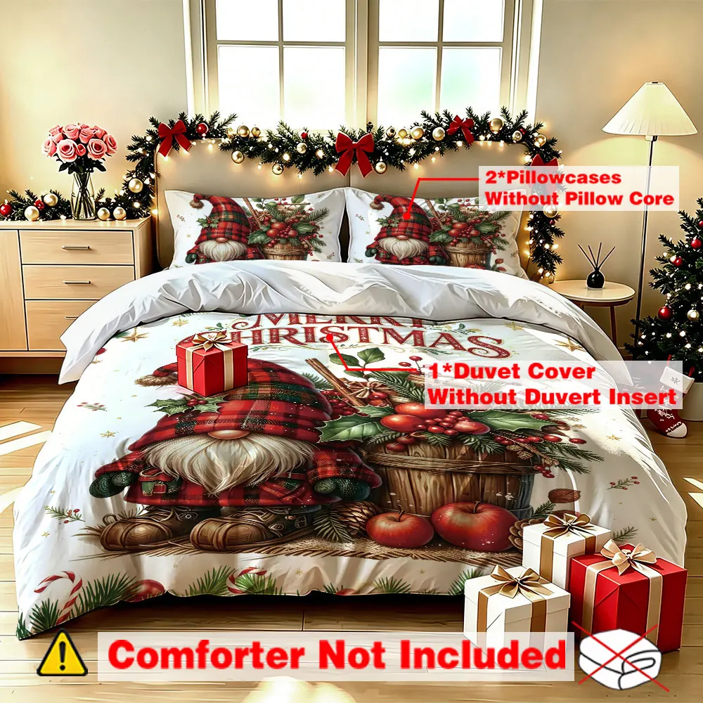 3 Pcs Merry Christmas Duvet Cover Set Gnome Red Black Plaid Print Cozy Bedding Set for Bedroom Home Decor