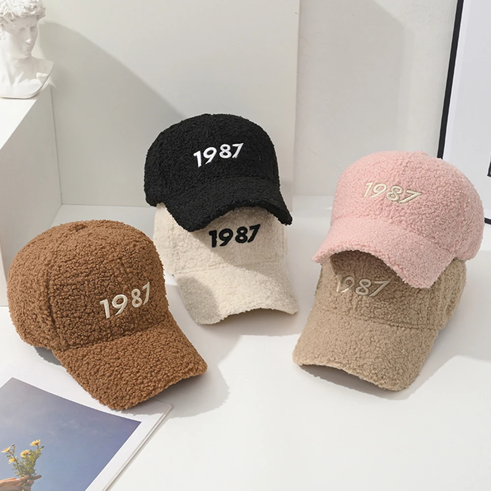 

New Fashion Winter Lamb Wool Hip Hop Baseball Cap Women 1987 Embroidered Letter Duckbill Cap Retro Fashion Versatile Hat Trend