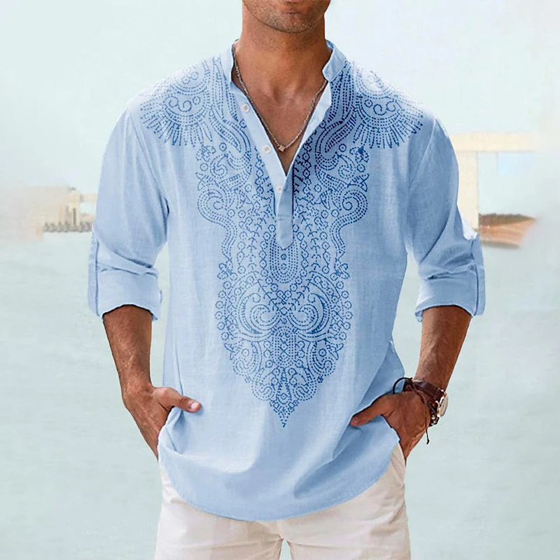 Ethnic Style 3D Print Henley Shirts Men\'s Fashion Vintage Oversized Stand Collar Long Sleeve Shirt Male Tops Blouse Man Clothing