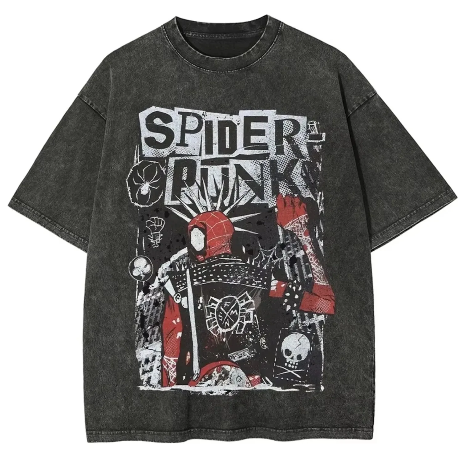 

2026 New Marvel Graffiti Style Washed Black Extra-Large T-Shirt - Movie Street Hip-Hop Pure Cotton Shirt