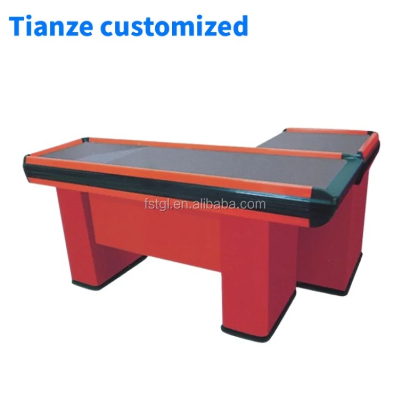 (customized)Good quality supermarket counter checkout desk with metal bag holder