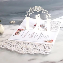 50 pieces 3D Pop Up Bride and Groom White Wedding Invitation Card Laser Heart Pocket Engagement Customize RSVP Invitations IC052