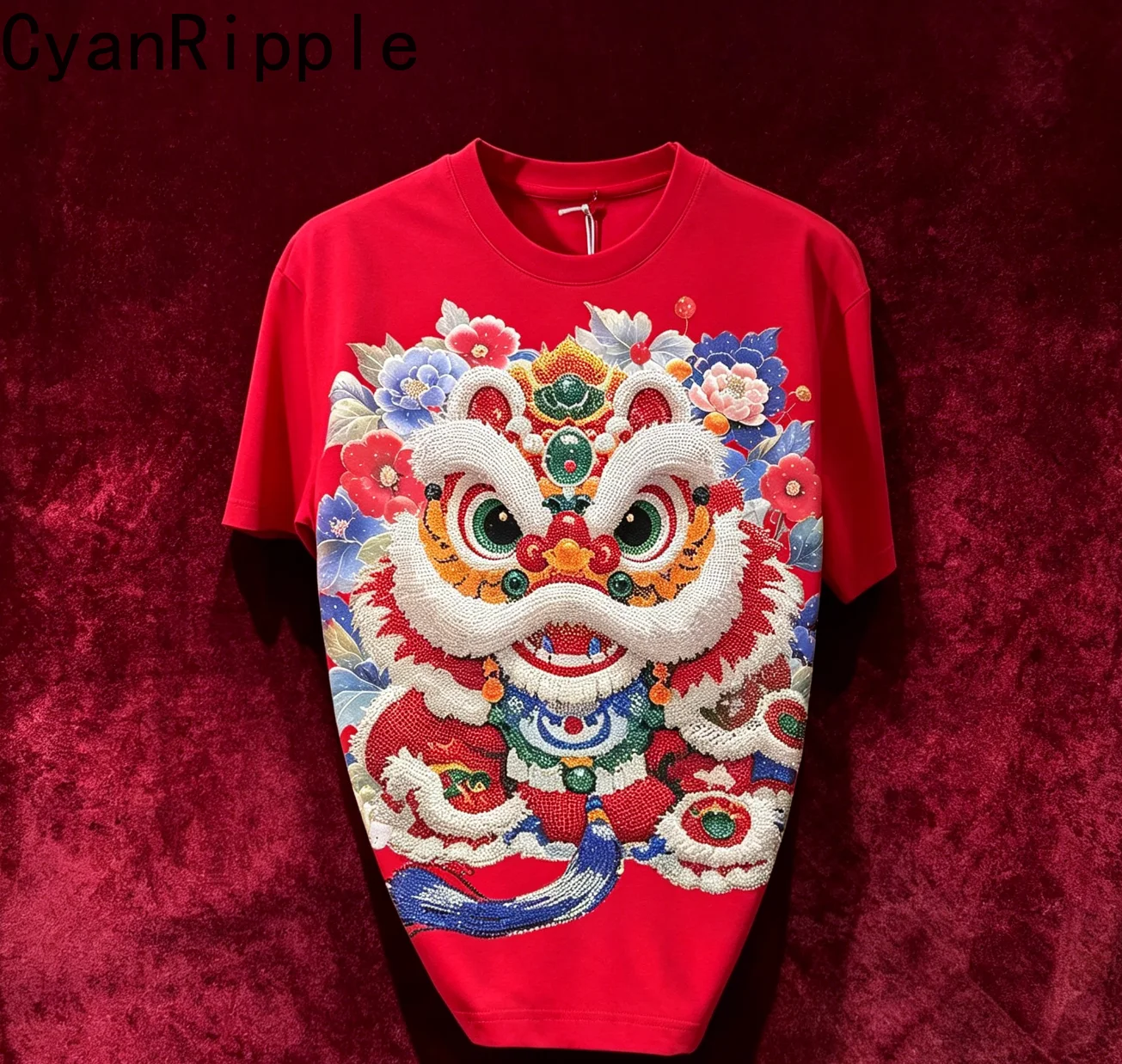 

Chinese Wind Cartoon Hot Diamonds Male T-shirt Large Size Round Neck Pullover Top Streetwear All-match Casual Men's Basic Tees