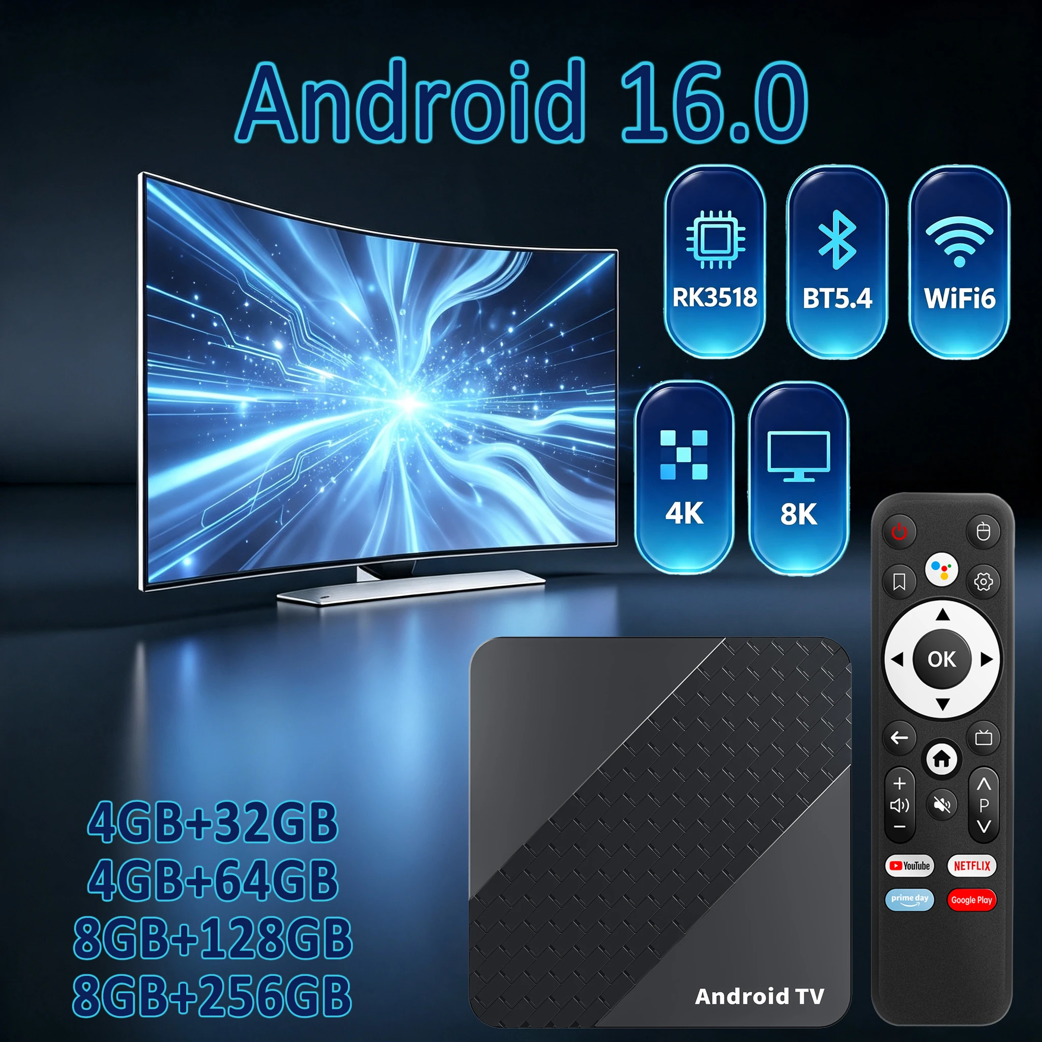 Android 16 Smart TV Box 8G 256G Dual WiFi6 4K 8K HDR BT5.4 Voice Control Netflix Google Play Media Player Set Top Box RK3518 X10