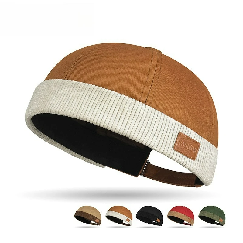 Trendy Unisex Sailor Beanie with Corduroy Trim & Leather Patch, 6 Colors