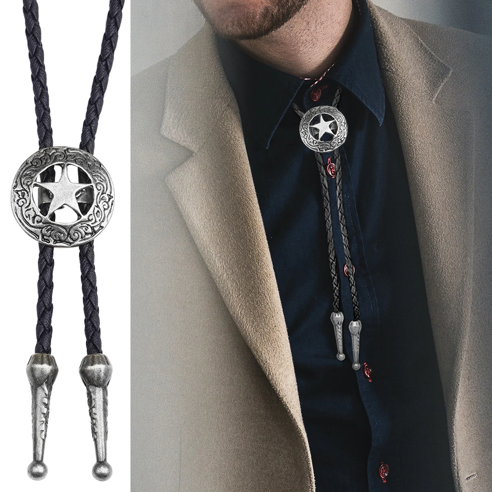 Corbata de Bolo de vaquero occidental de cinco estrellas, corbata de baile de Rodeo, collar con colgante de piel sintética, accesorios de joyería, regalo de personalidad