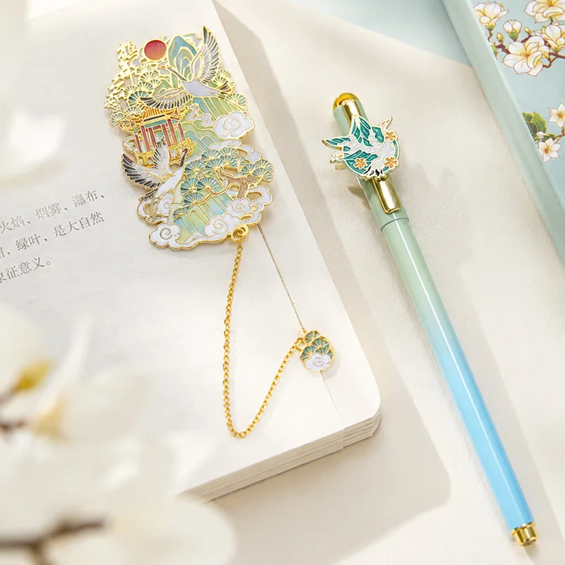 Chinese Style Stationery Gift Set Hollow Metal Crane Bookmark & Gradient Gel Pen Luxury Gift Box Vintage Oriental Art Souvenir W