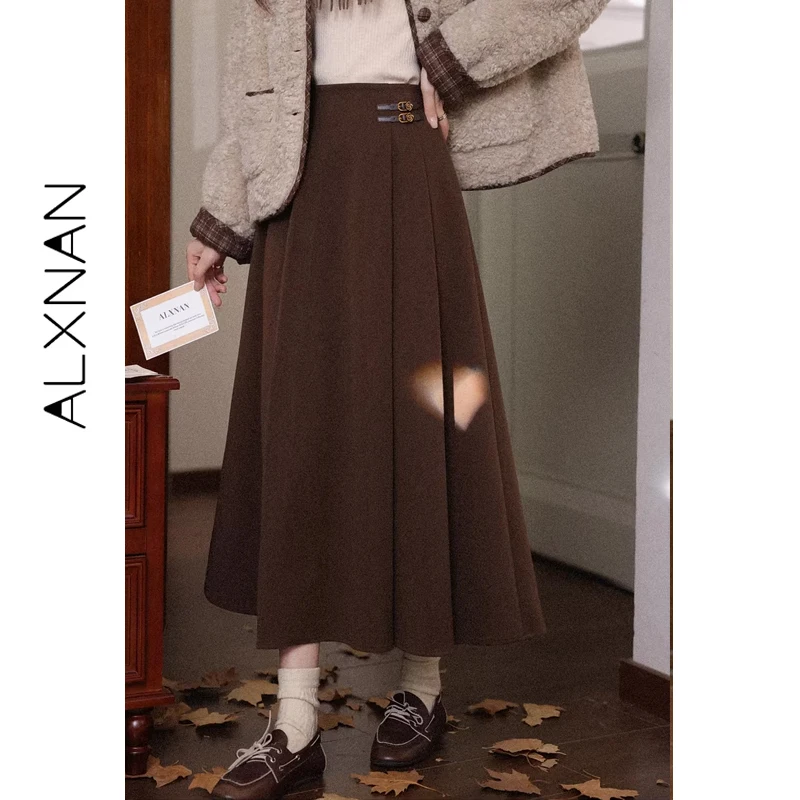 

ALXNAN Vintage High Waist Pleated Midi Skirt Women Fall Winter A-Line Long Skirt Brown Elegant Fashion Office Skirts DYL662252