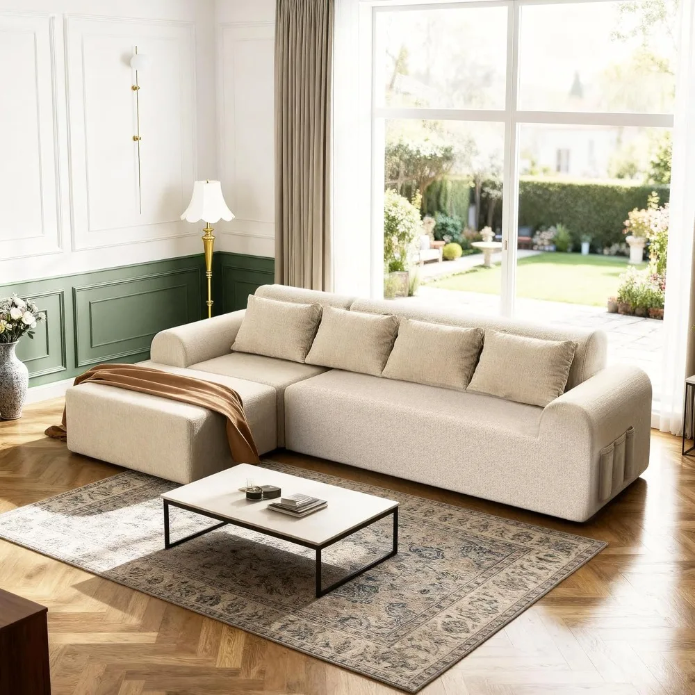 105.5" Cloud Boneless Sectional Sofa for Living Room, 4-Seater L-Shaped Comfy Couch with Ottoman, 4 Pillows, Customized