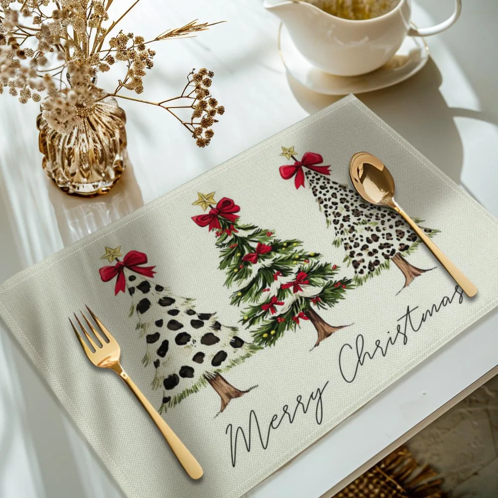 4pcs Set, Christmas Tree Pattern Placemat Set Washable Dining Table Cushion for Kitchen Unit Decoration