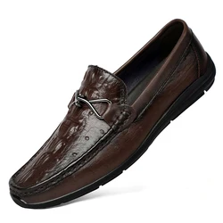 Luxury Ostrich Patterned Leather Shoes Genuine Leather Casual Loafers Man Fashion Moccasins Driving Footwear Slip on Men Shoes
