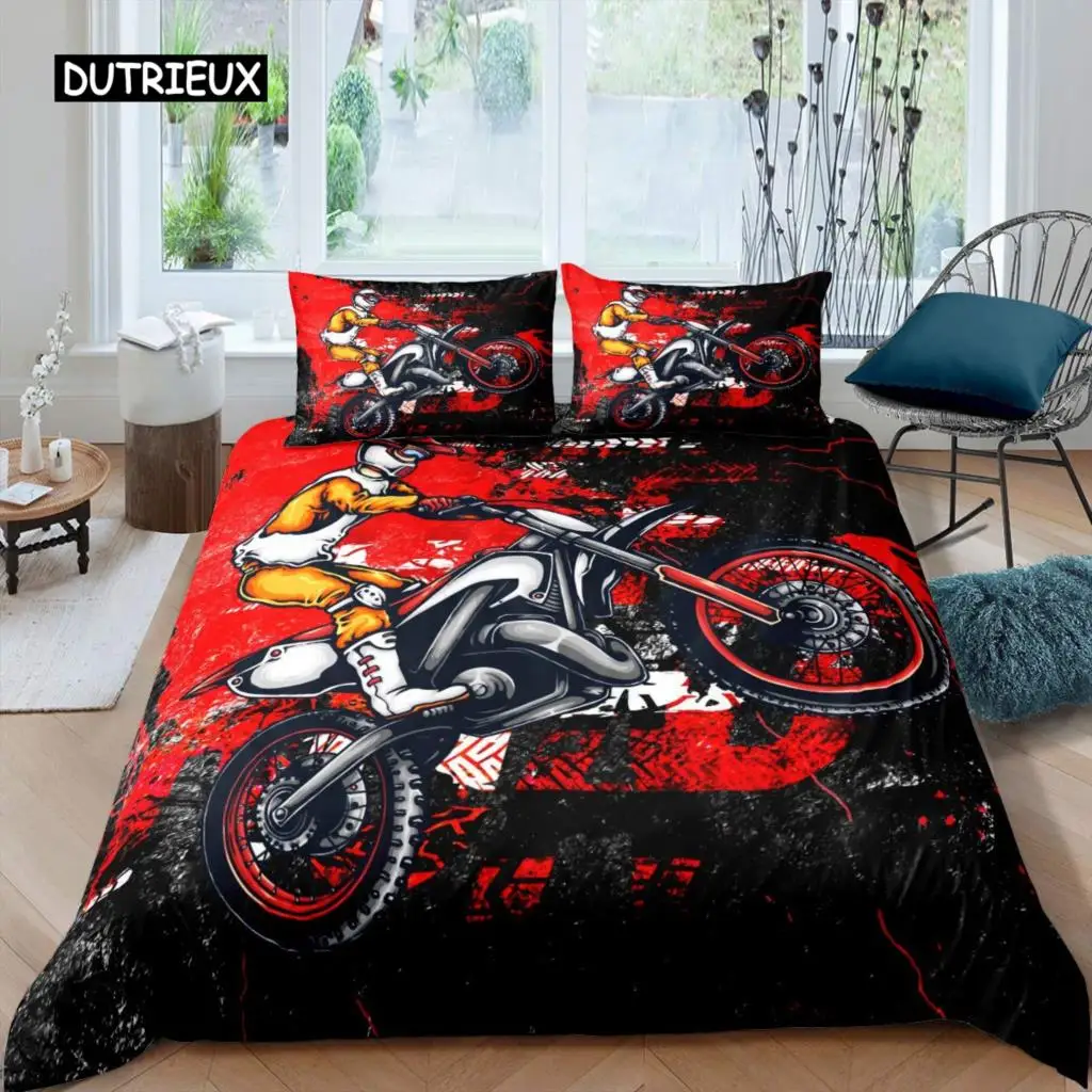 

3D Motocross Rider Duvet Cover Set Microfiber Red Black Dirt Bike Extreme Sports Theme Motorcycle Pattern Bedding Set King Size