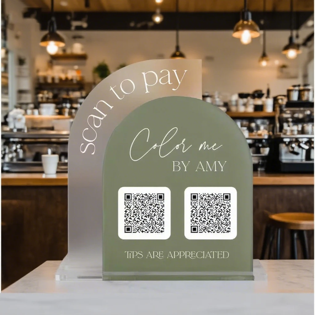 Soporte de código multi QR acrílico personalizado, texto de logotipo personalizado para redes sociales, menú de pago sin contacto, publicidad, revisión de Google, WiFi