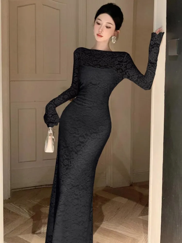 Sexy Lace Two-piece Solid Midi Dress Set Women Long Sleeve O-neck Slim Waist Bodycon Vestidos Autumn New Wedding Party Dresses