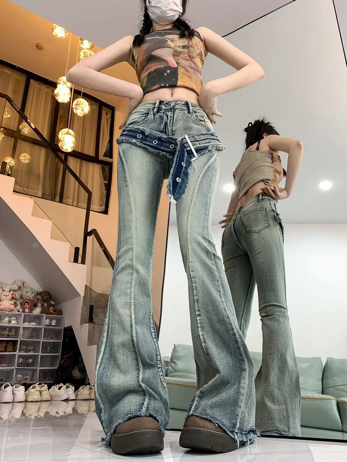 Bell-Bottomed Rough Selvedge High Waist Pants 2024 Spring Simple American Street New Woman Trousers Trendy Vintage Jeans