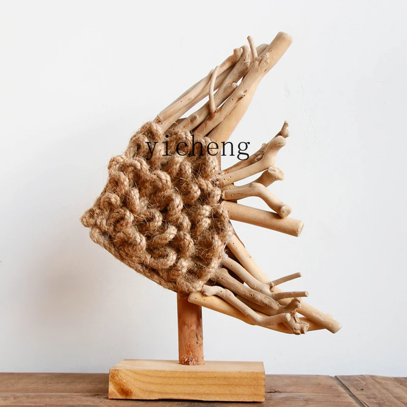 

ZYA Wooden Hemp Rope Fish Desktop Decoration Ornament Homestay Entrance Wabi-Sabi Style Home Decor