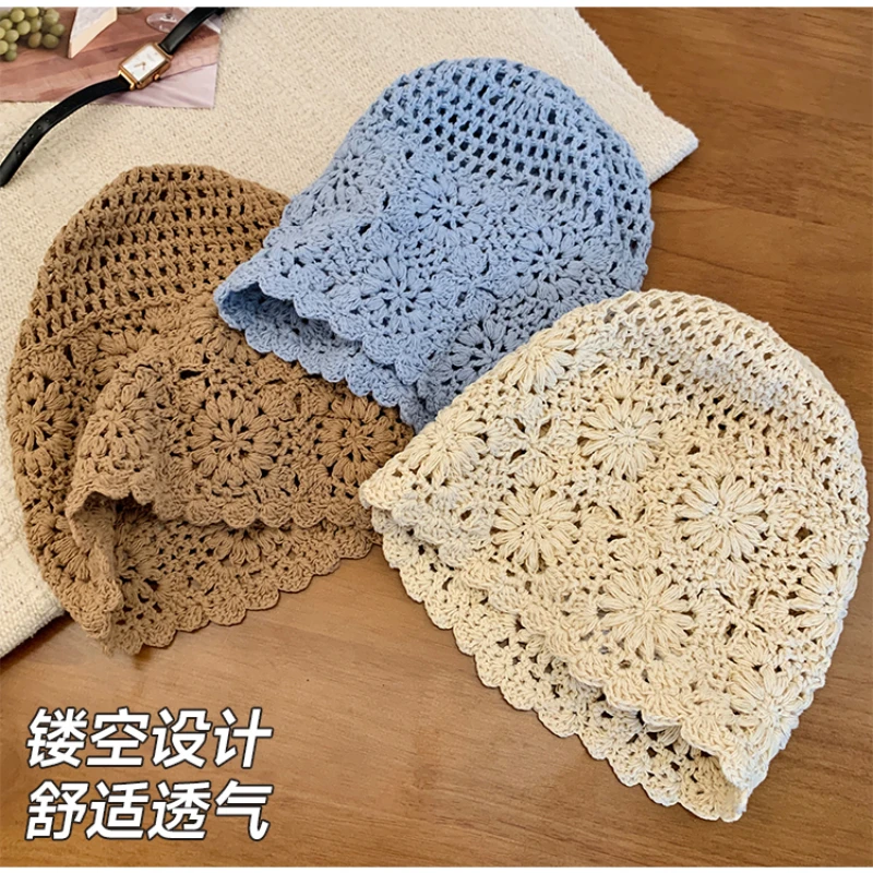 Japanese Hand-woven Pullover Women\'s Caps Spring and Summer Travel Versatile Thin Hollow Breathable Knitted Beanies Hat