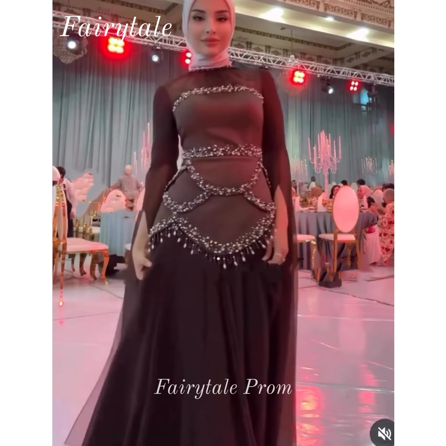 Vestido de noche de lentejuelas con manga de capa marrón, vestidos de fiesta musulmanes de línea A, vestido Maxi de gasa con cuello alto personalizado 2026