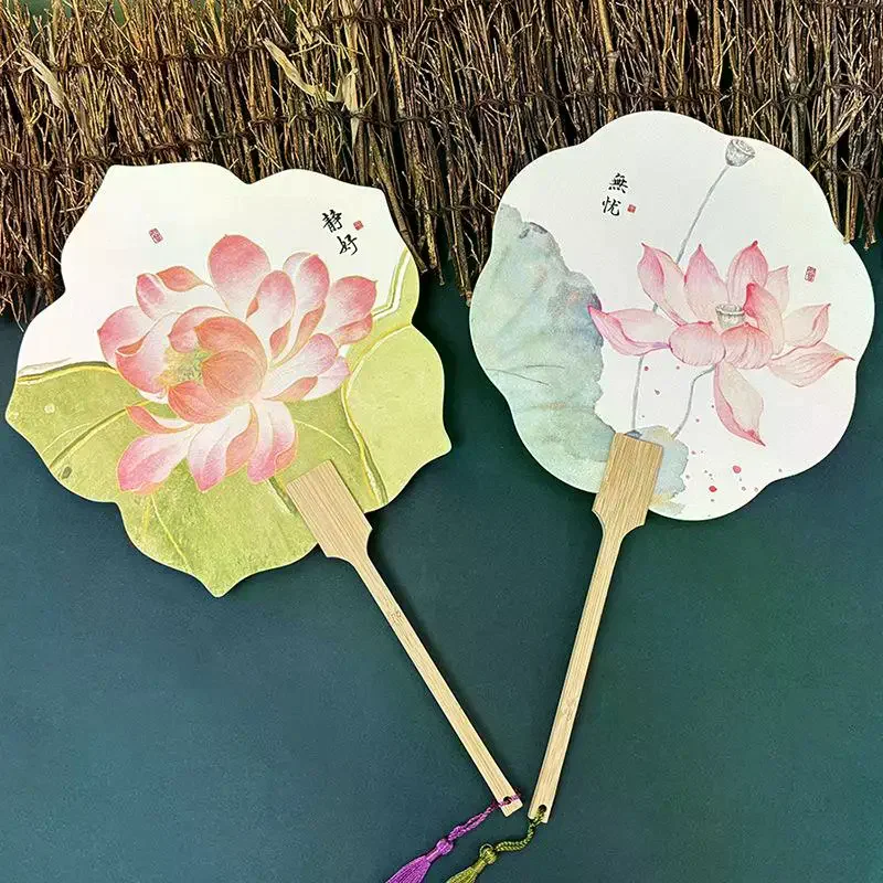 Shaped Traditional Chinese Hand Fan With Bamboo Handle Watercolor Print And Soft Tassel For Hanfu Outings Tea Ceremony Lotus