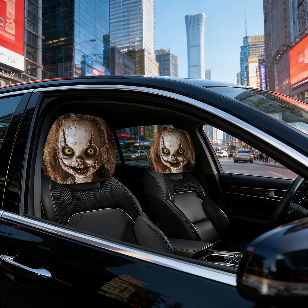 2Pcs Headrest Covers Car Funny 2Pcs Headrest Covers Ghost 2PC, crack ghost doll, yellowing and gloomy realistic portrait car