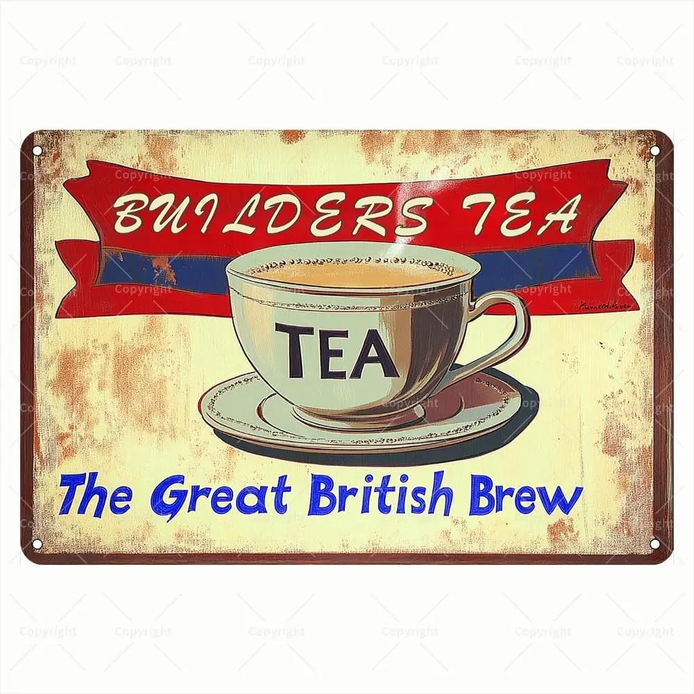 Panneau en métal vintage - Builders Tea The Great British Brew - Panneau en métal rétro - Panneau en métal humoristique pour les amateurs de thé - Décoration murale pour la cuisine