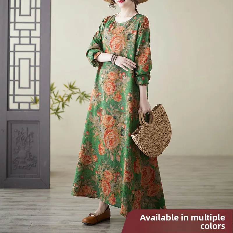 

Свободное хлопково-льняное платье макси с принтом, круглым вырезом и длинными рукавами, больших размеров, для летнего отдыха, женская модная одежда больших размеров