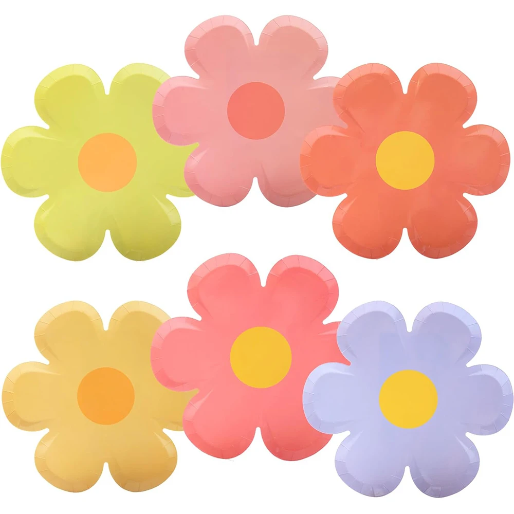 花の形をした使い捨ての紙皿、春のデイジーパーティー、グルーヴィーなテーマ、かわいい花の装飾、7インチに最適