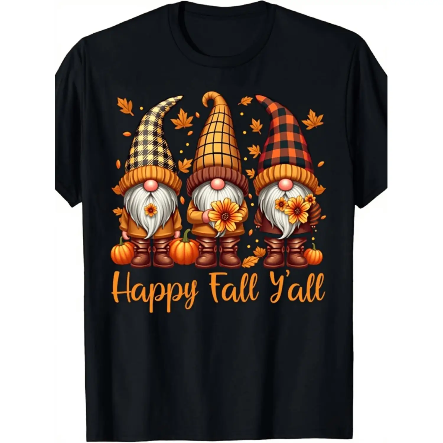 Happy Fall Yall Gnome & Pumpkin Graphic T-Shirt for Men & Women | Autumn Leaves Design, Loose Fit Crewneck, Black Casual with Orange Lettering, Breathable All-Season Comfort, Perfect for Daily Activities, Crew Neck, Drop Shoulder - Versatile