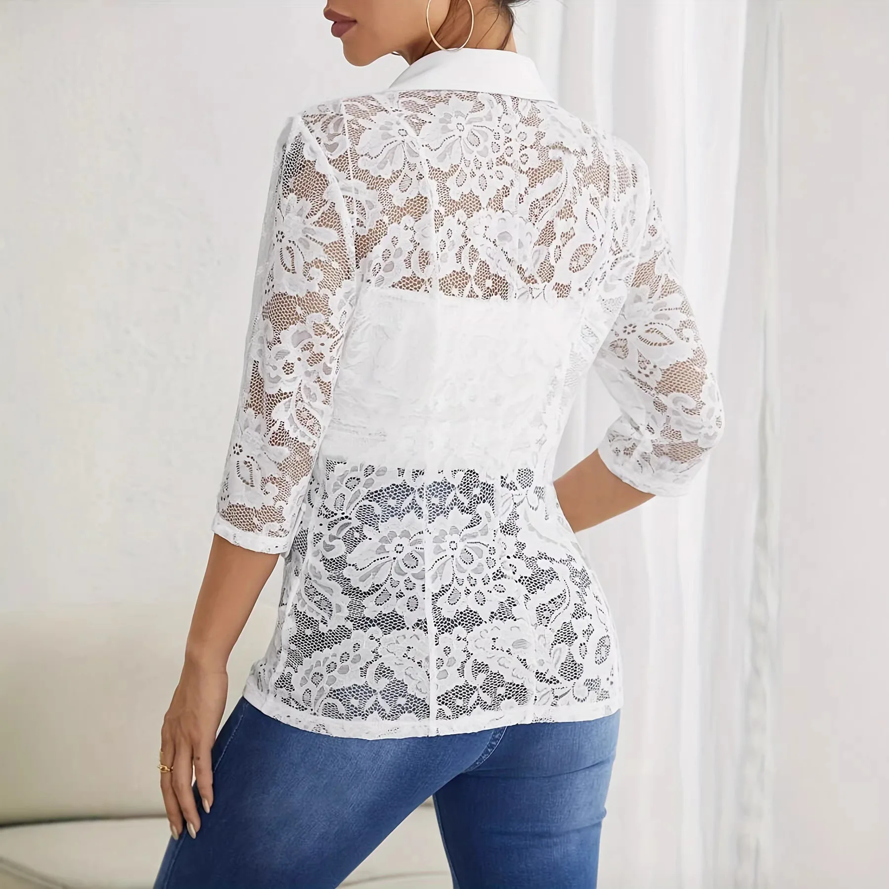 Women's Lace Patchwork Blazer Fashion 3/4 Sleeve Button Sheer Floral Lace Panels Coat Elegant Office Casual & Party Outerwear