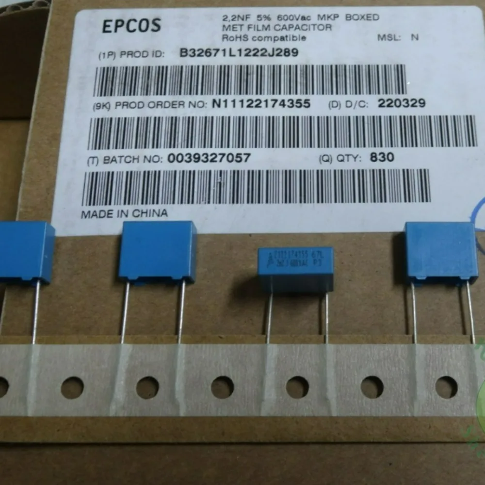 

10pcs/lot EPCOS 0.0022uf 600vAC 2n2 2200pF 222 Brand New 10mm Film Capacitor B32671L1222J