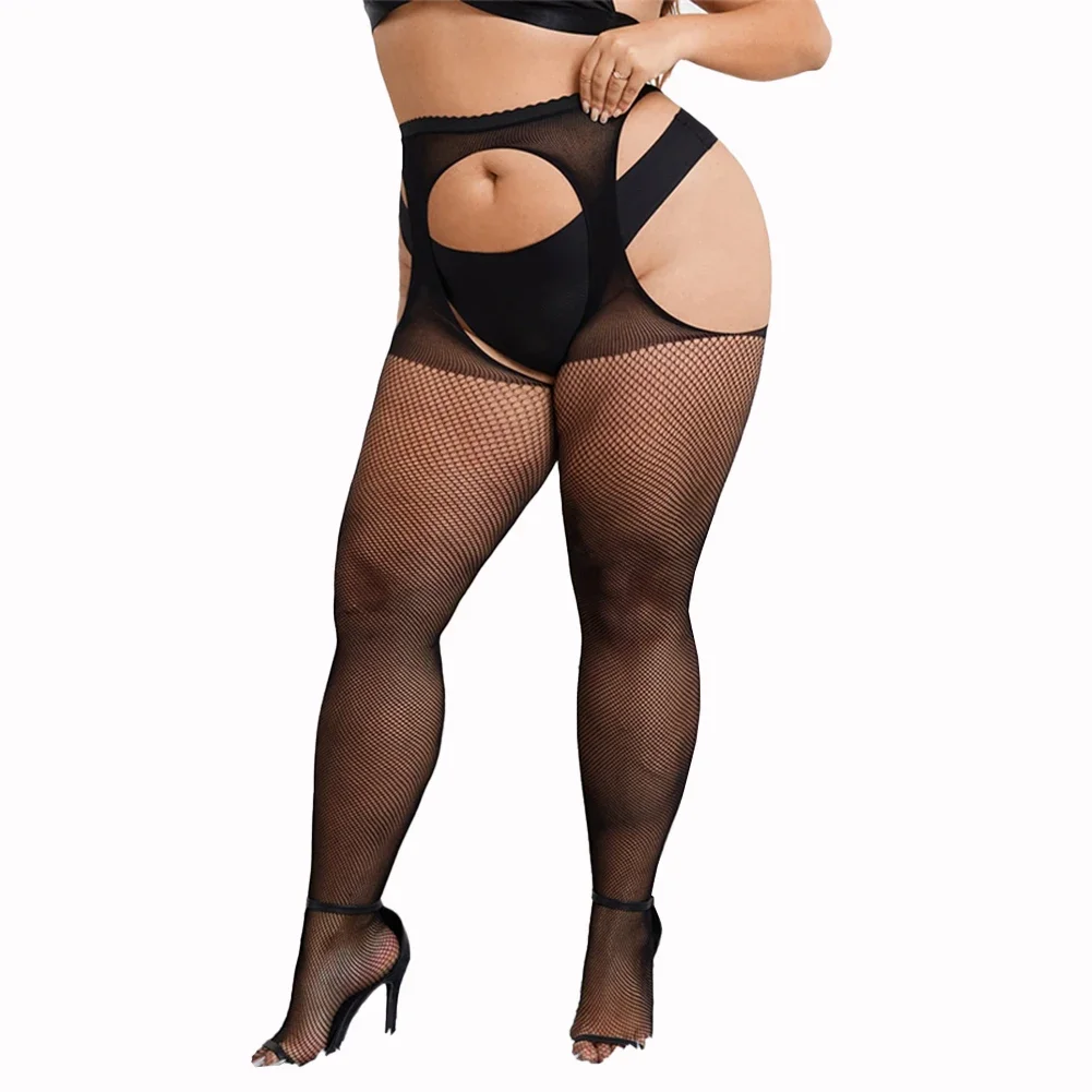 

Women Plus Black Stockings With Belt Set High Fishnet Tights Mesh Sexy Pantyhose Exposed Butt Hosiery See Through Bodystocking