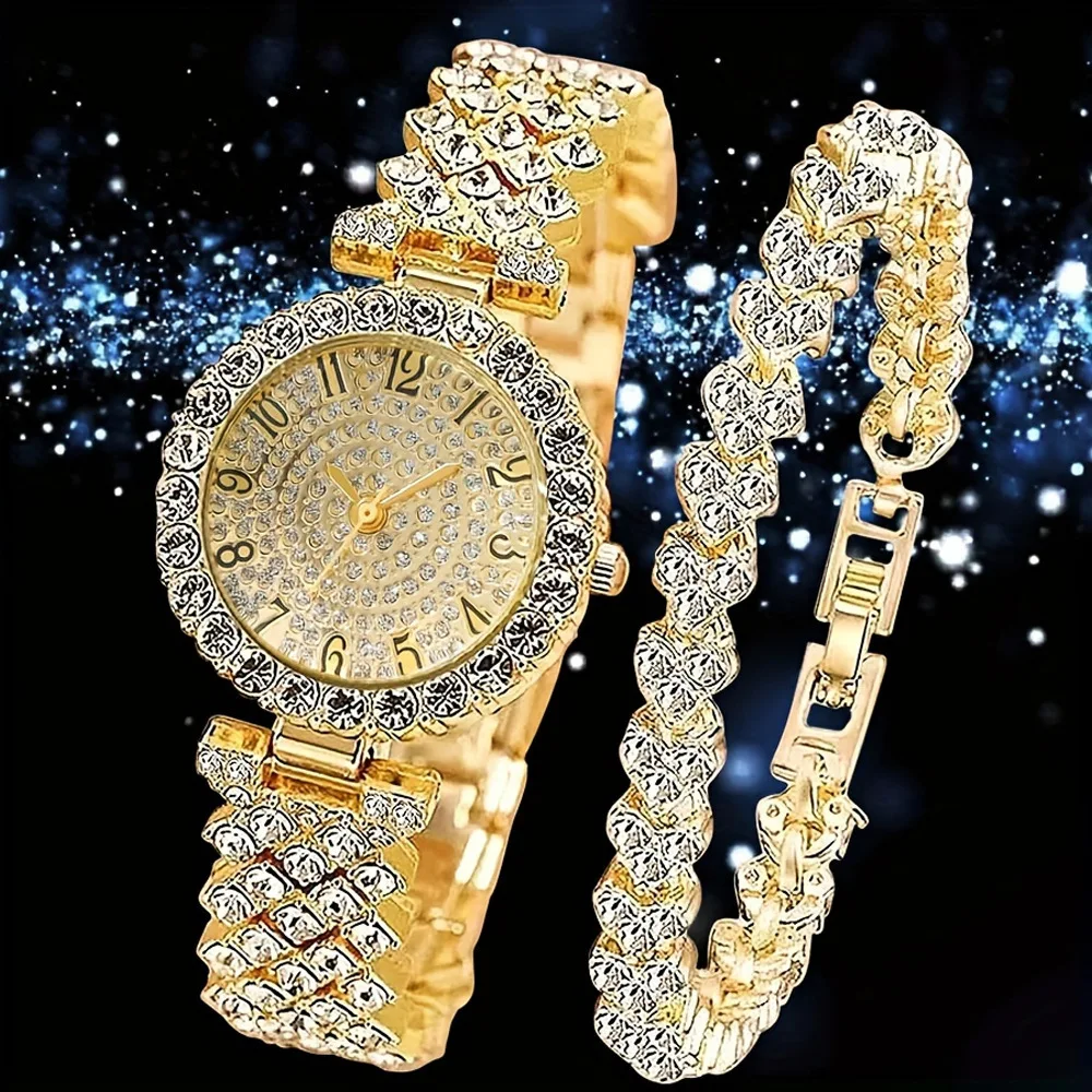 Hot Women Full Diamond Quartz Watch Bracelet Set Stainless Steel Band Elegant Versatile Ladies Luxury Wristwatch Jewelry Gift