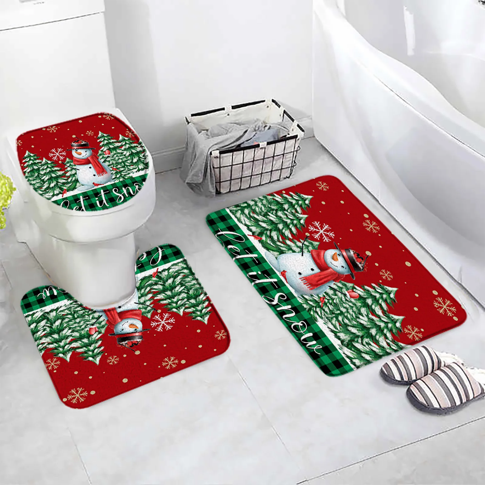 Christmas Bath Mat Set Funny Cartoon Snowman Rope Ball Pine Branch Red Xmas New Year Home Bathroom Decor Non-Slip Rug Toilet Lid