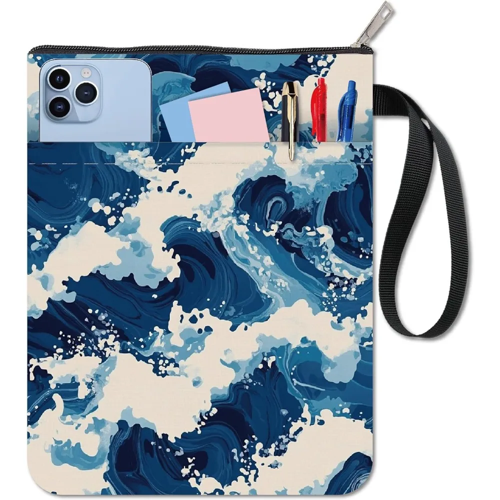 Sea Wave Book Sleeve Protector mit Reißverschluss, wasserdichte Canvas-Tasche, doppelseitige Abdeckungen für blaue Buchliebhaber, Hardcover-Notizbücher