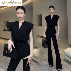 Women's Set Korean Summer Casual Fashion V-Neck Slim Versatile Sleeveless T-shirt Age Reducing Casual Pants Two Piece Set