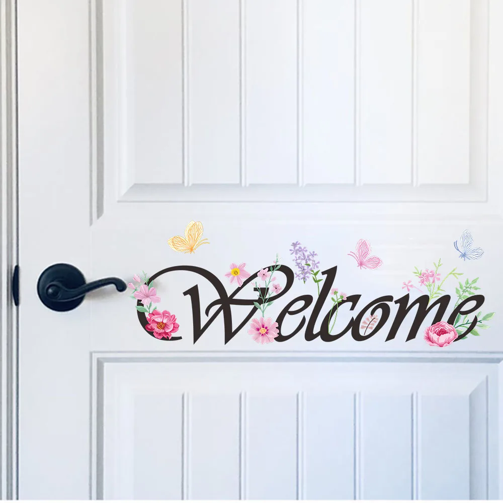 Colorful Welcome Butterfly Flower Door Wall Sticker Decals for Bedroom Living Room Bathroom Kithcen Wall Decor