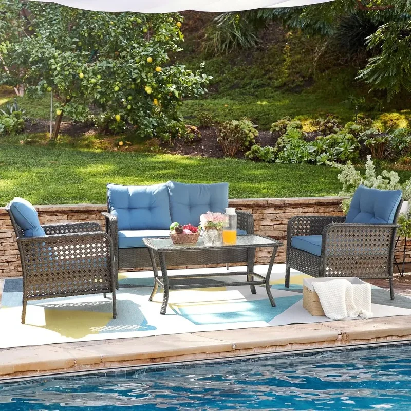 Patio Conversation Sets Outdoor Furniture,Pieces Wicker Furniture with Loveseat, Rattan Seating Outside Coffee Table Chair